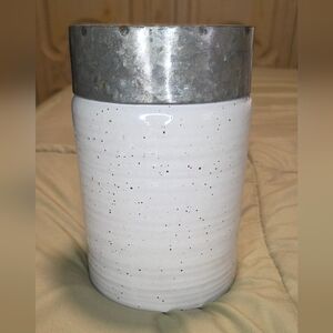 DEI White Speckled Stoneware Utensil Holder Crock Galvanized Rim Farmhouse